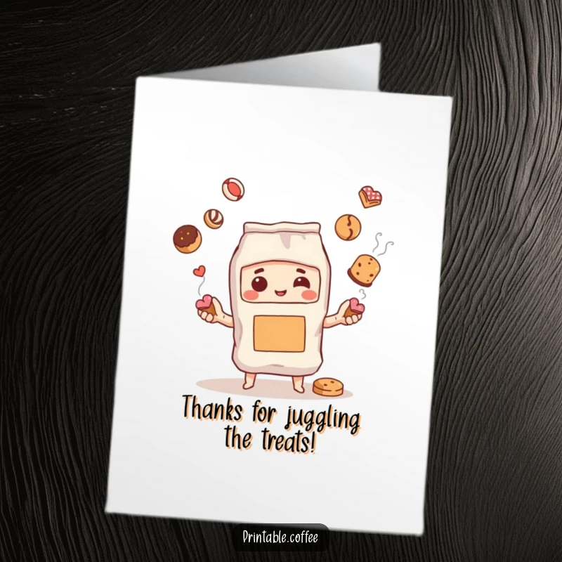 Funny Free Printable Thank You Card: A coffee bag character expertly juggling several pastries with a smile.