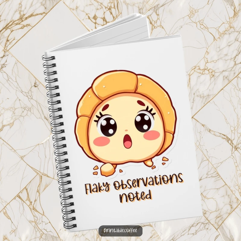 Funny croissant character with wide, surprised eyes and flaky crumbs on the cover of a whimsical notebook.