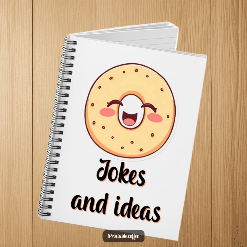 Funny bagel notebook with a cheerful bagel character laughing heartily, eyes closed, perfect for jotting down notes with baked good amusement.