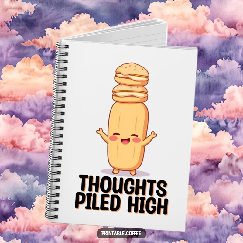 Funny baguette notebook with a giggling baguette balancing pastries on the cover, inspiring creative note-taking.
