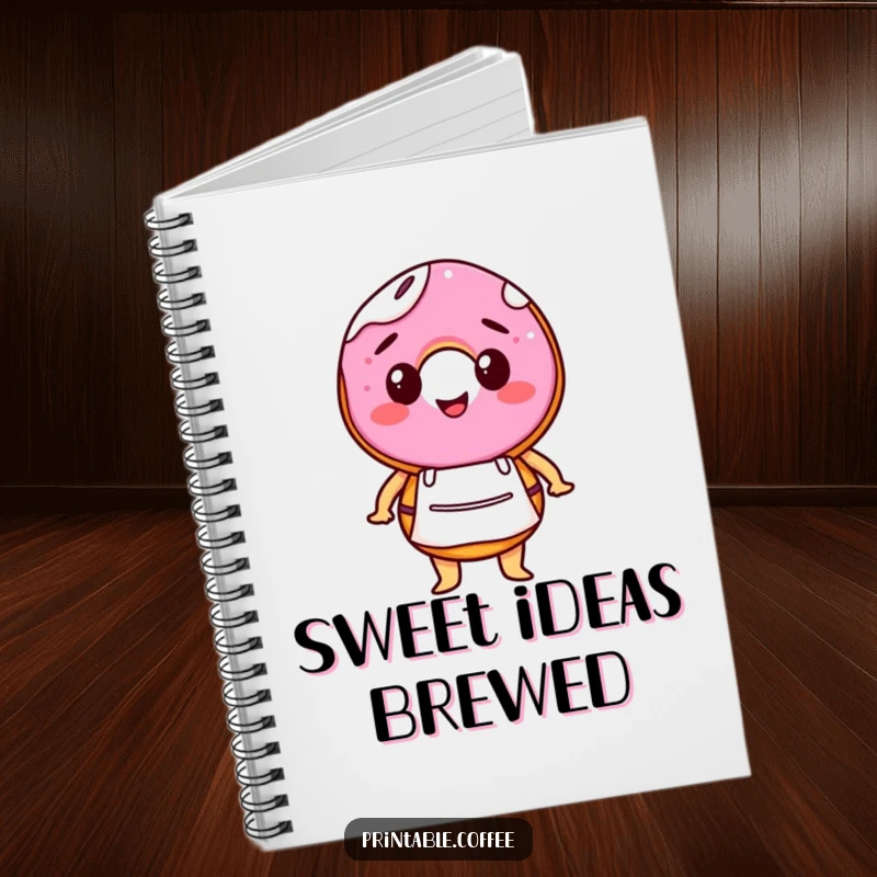 Funny notebook cover with a happy donut character wearing a miniature barista apron, ideal for writing down sweet thoughts and ideas.