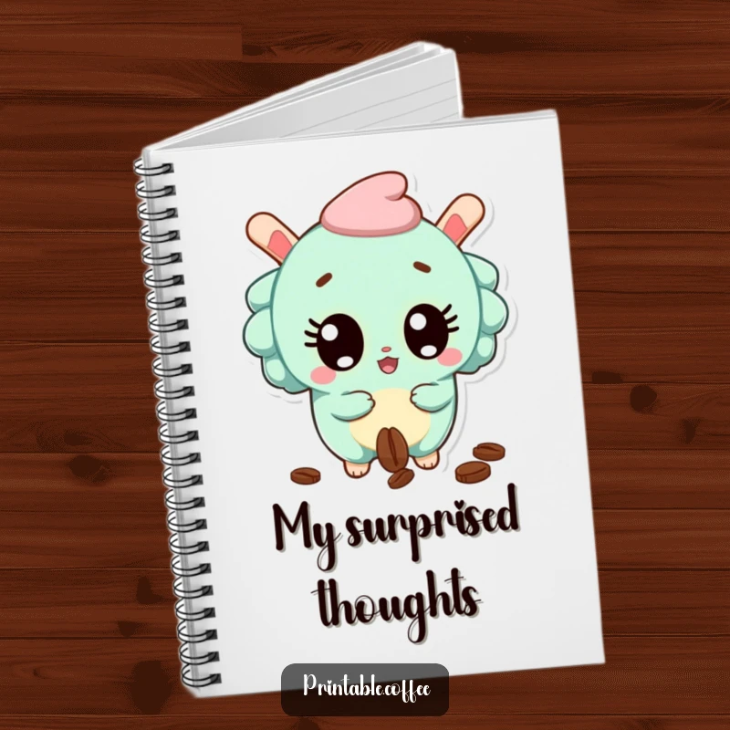 Funny Notebook with a surprised churro character with wide eyes, dropping a coffee bean, inspiring reactions.
