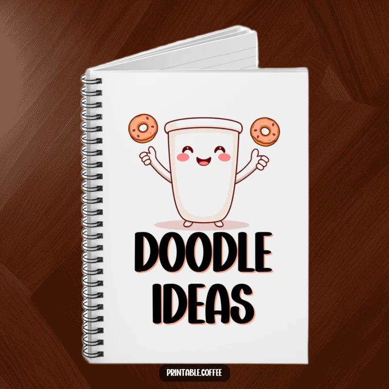 Funny coffee notebook with a smiling cartoon coffee cup with arms, juggling three tiny donuts.