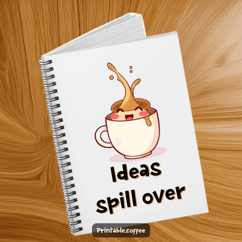 Funny notebook with a vibrant cover featuring a coffee cup character gleefully spilling, encouraging creative thought and joyful note-taking.