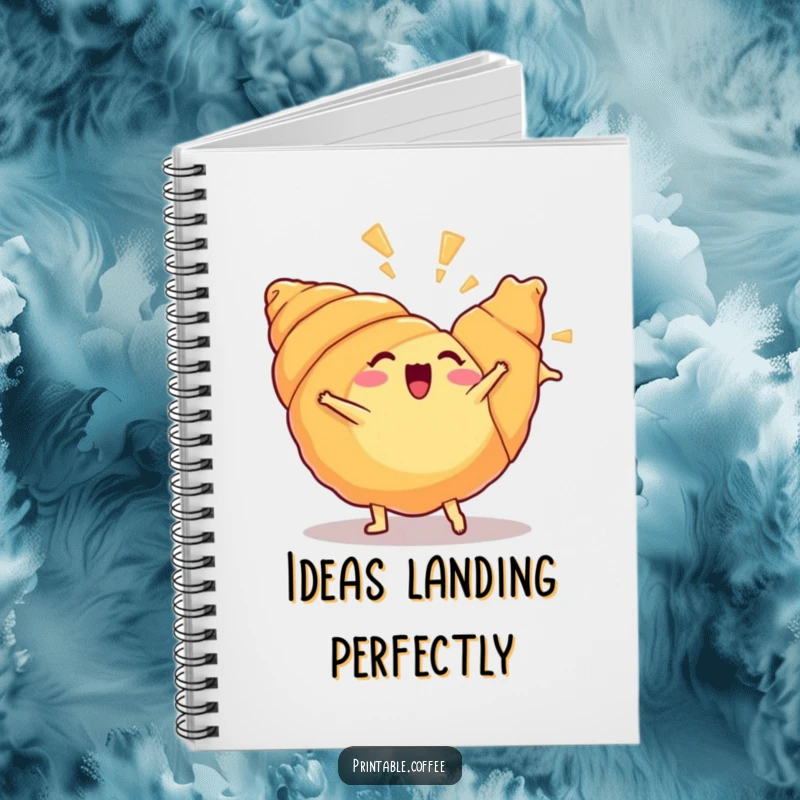 Funny croissant notebook with a croissant doing a cartwheel on the cover, inspiring joyful note-taking.