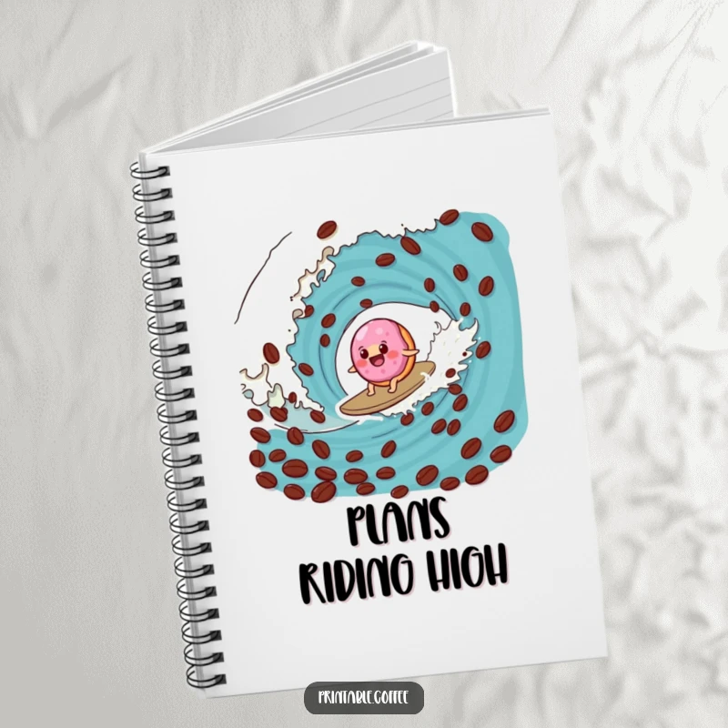 Funny donut notebook with a wobbly jelly donut surfing a coffee bean wave on the cover, inspiring creative note-taking.