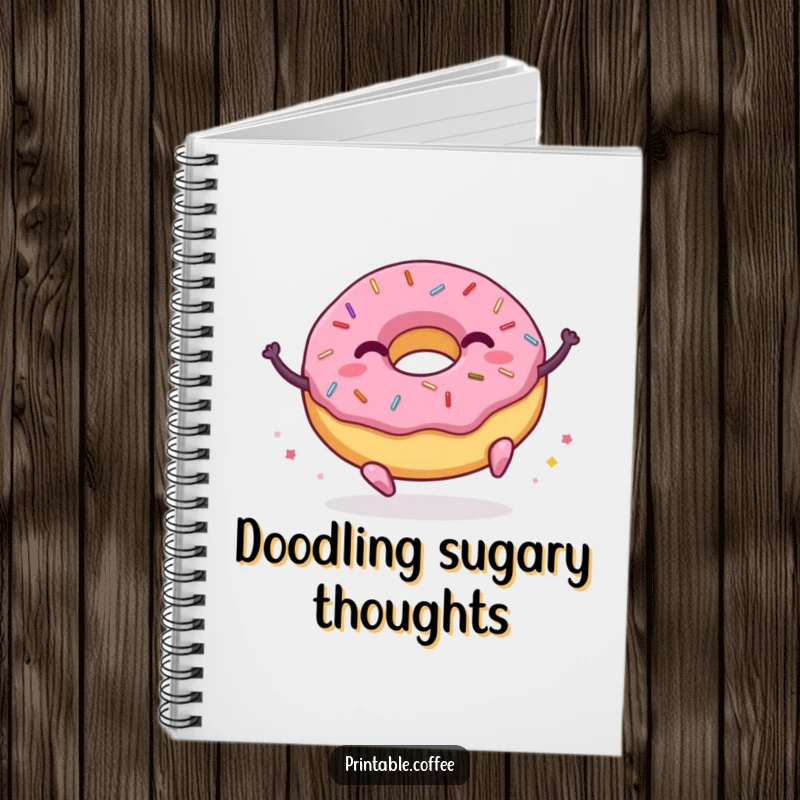 Funny donut notebook featuring a character with sprinkles joyfully bouncing, ideal for jotting down notes with a dose of happiness.