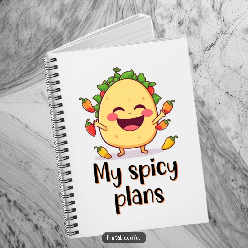 Funny taco character laughing and juggling jalapeño peppers on the cover of a lively notebook.