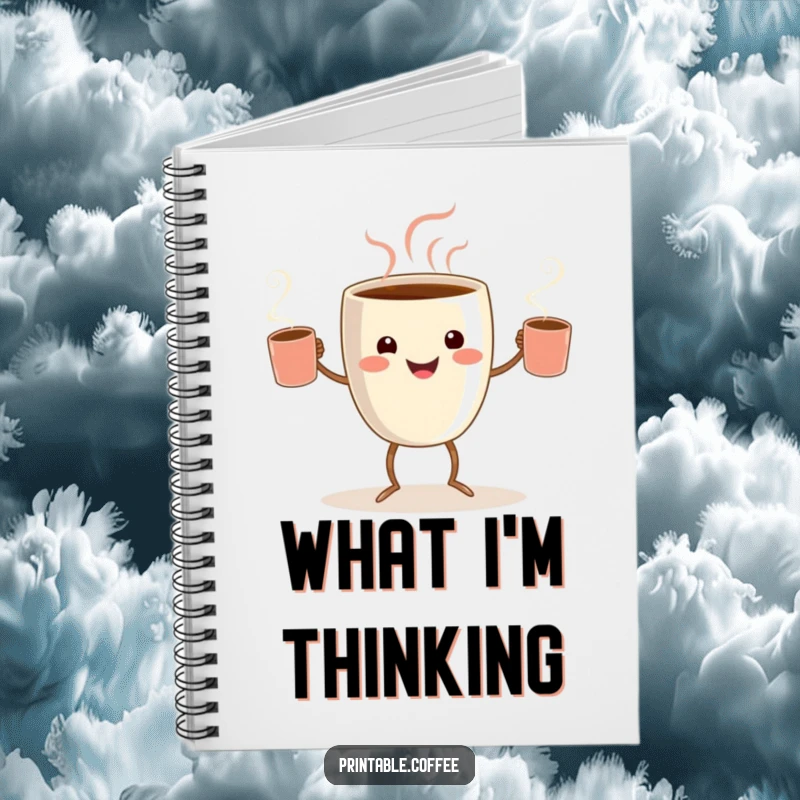 Funny coffee juggler notebook with a smiling coffee cup character with tiny legs, juggling steaming mugs.