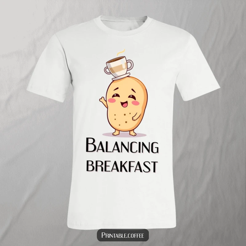 Funny t-shirt with a giggling bagel character balancing a tiny coffee cup, perfect for coffee lovers.
