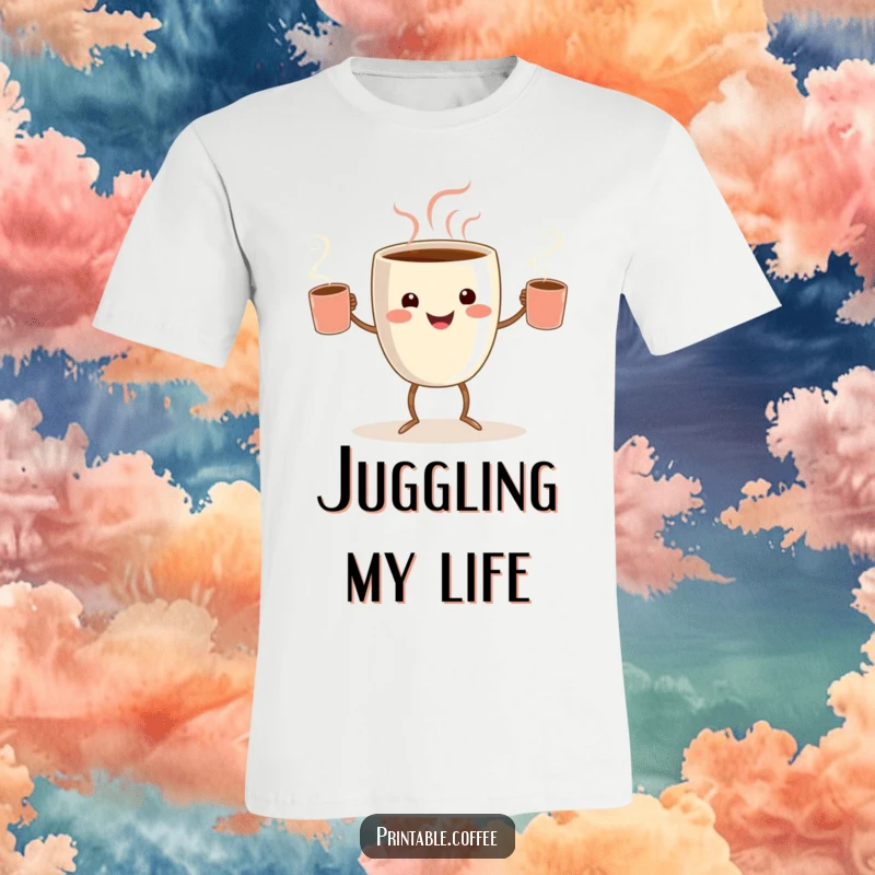 Funny coffee juggler t-shirt featuring a smiling coffee cup character with tiny legs, juggling steaming mugs.