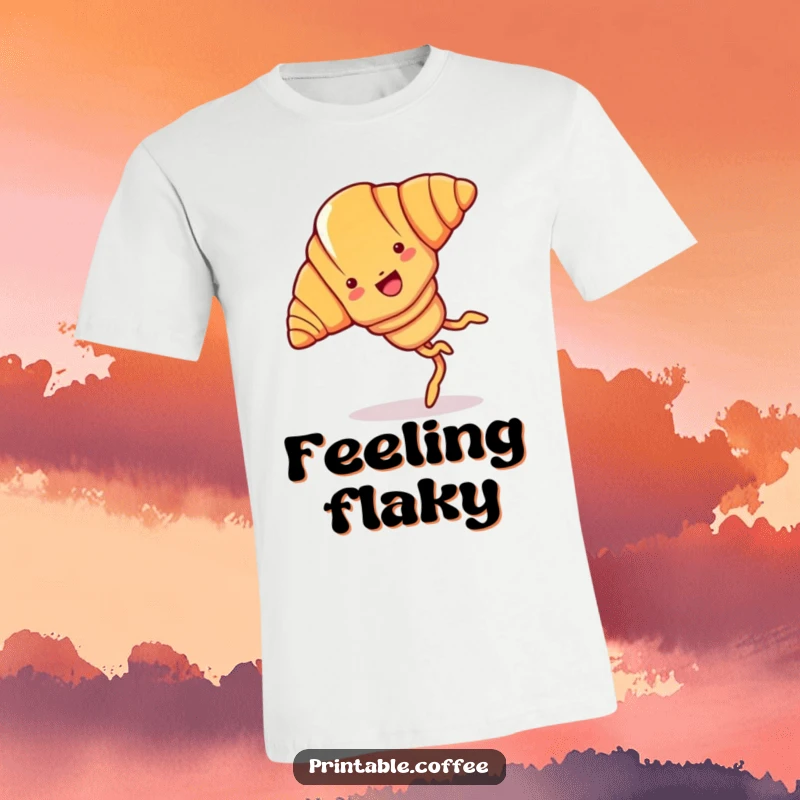 Funny t-shirt showing a joyful cartoon croissant with legs, mid-cartwheel with a smiling expression.