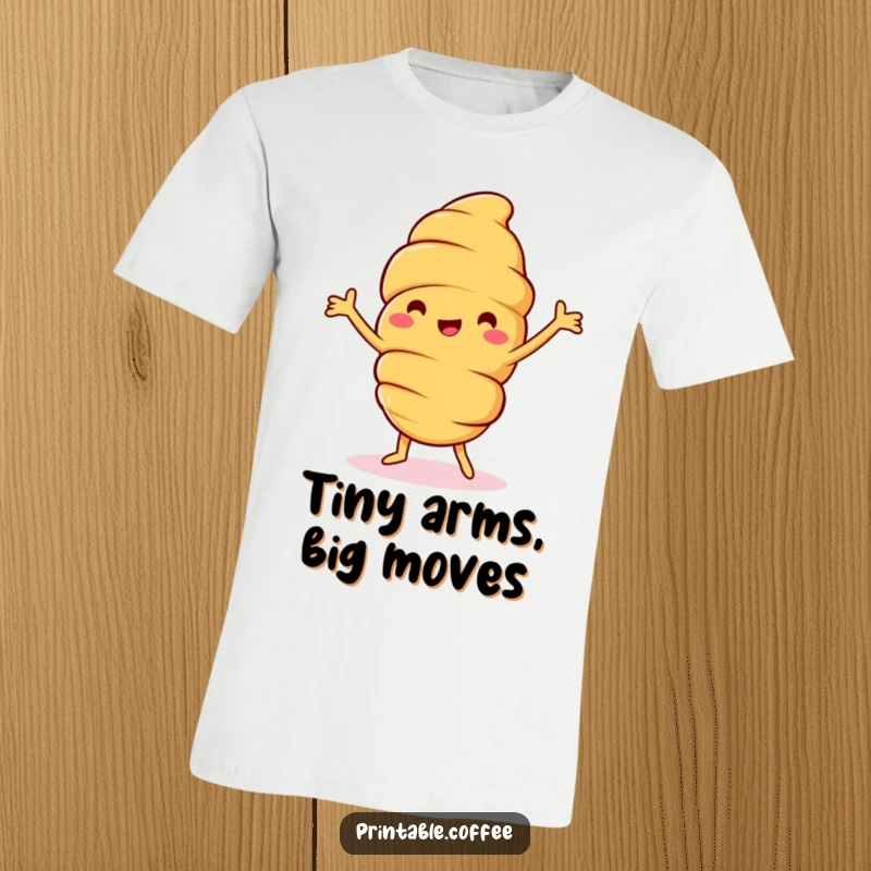 Funny croissant t-shirt featuring a jolly pastry character doing a happy dance with tiny arms, radiating pure, infectious, doughy excitement.