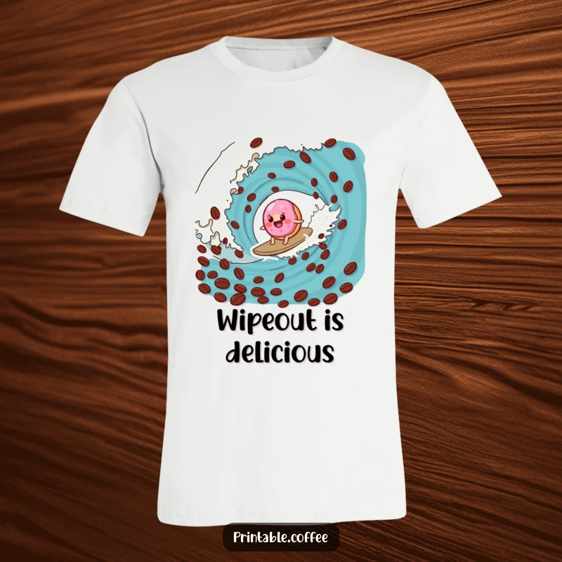 Funny donut t-shirt featuring a wobbly jelly donut surfing a giant coffee bean wave, capturing pure joy and caffeine energy.
