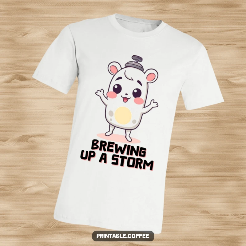 Funny French press character t-shirt delightfully doing a little shimmy, perfect for coffee lovers who enjoy a good dance.