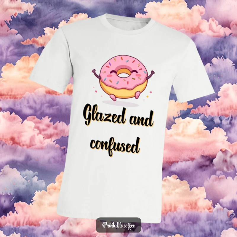 Funny donut character t-shirt with colorful sprinkles joyfully bouncing, expressing pure, unadulterated happiness and fun.
