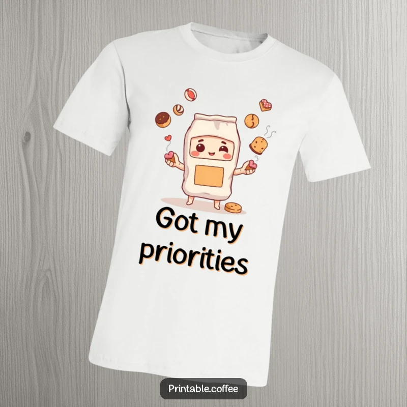 Funny t-shirt displaying a steaming coffee bag character in the act of juggling assorted pastries, showcasing playful culinary skill.
