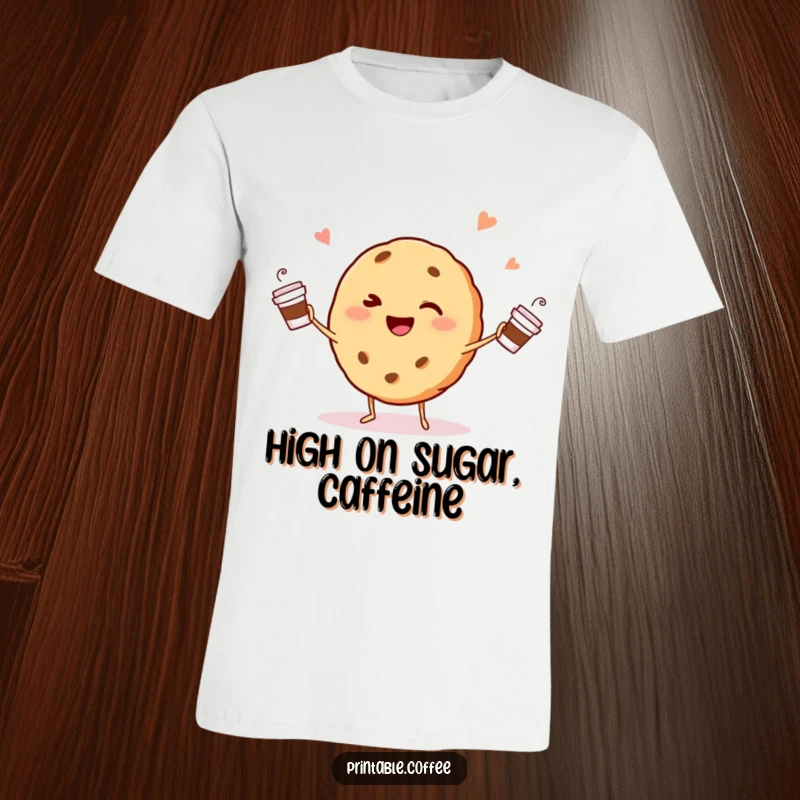 Funny winking cookie character happily juggling tiny coffee cups on a t-shirt, representing a busy, cheerful person.