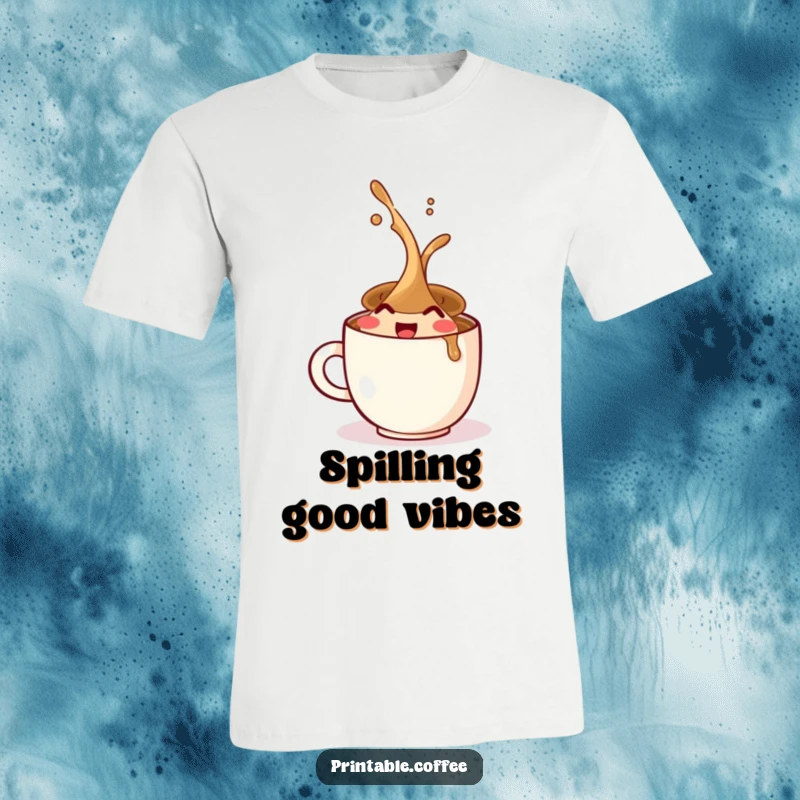 Funny t-shirt featuring a happy coffee cup character in mid-spill, expressing pure glee and chaotic morning energy.