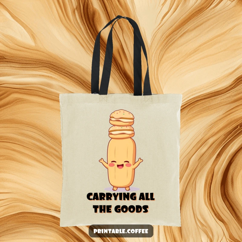 Funny baguette tote bag with a giggling baguette balancing cream-filled pastries, ideal for market trips.