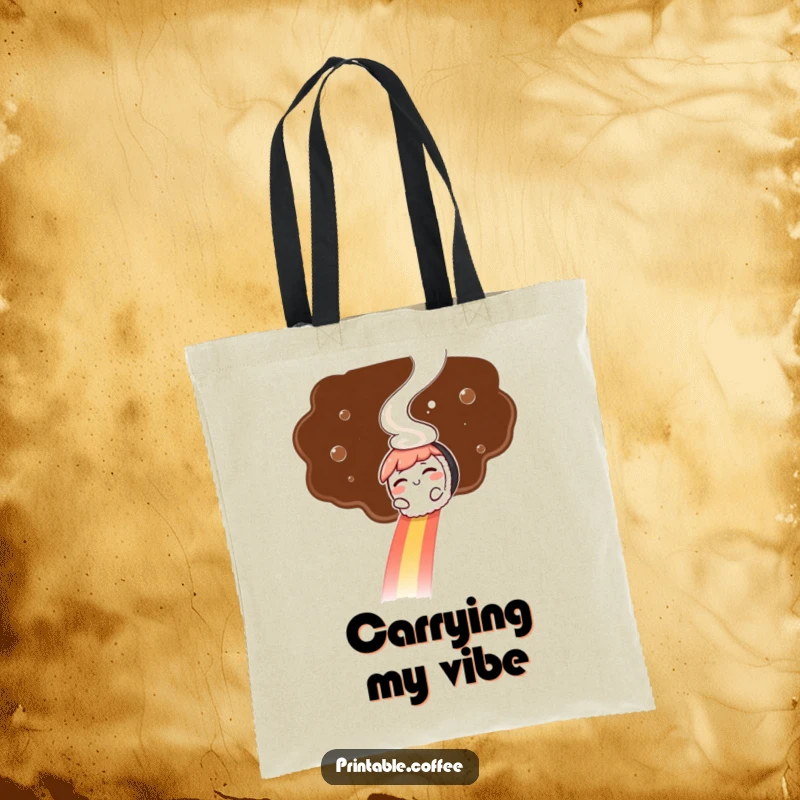 Funny tote bag: A winking sushi character slides down a coffee steam rainbow, perfect for carrying your belongings with flair.