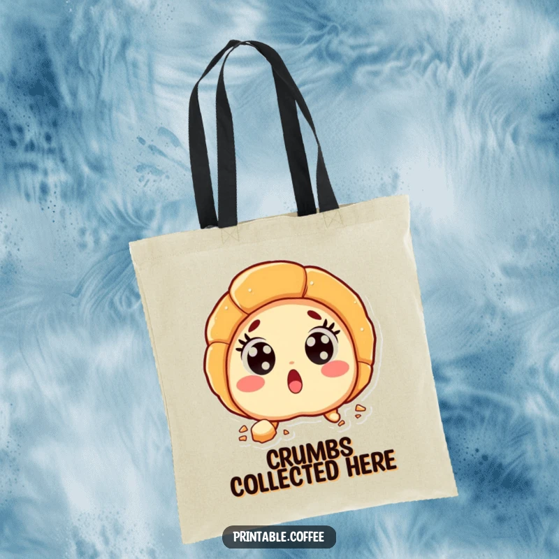 Funny croissant character with wide, surprised eyes and flaky crumbs, printed on a durable tote bag.