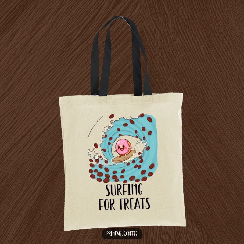 Funny donut tote bag featuring a wobbly jelly donut surfing a coffee bean wave, ideal for coffee runs.