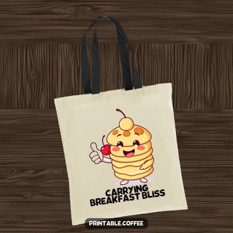 Funny pancake tote bag with a cheerful stack character giving a thumbs-up, topped with a cherry, perfect for carrying essentials with a smile.