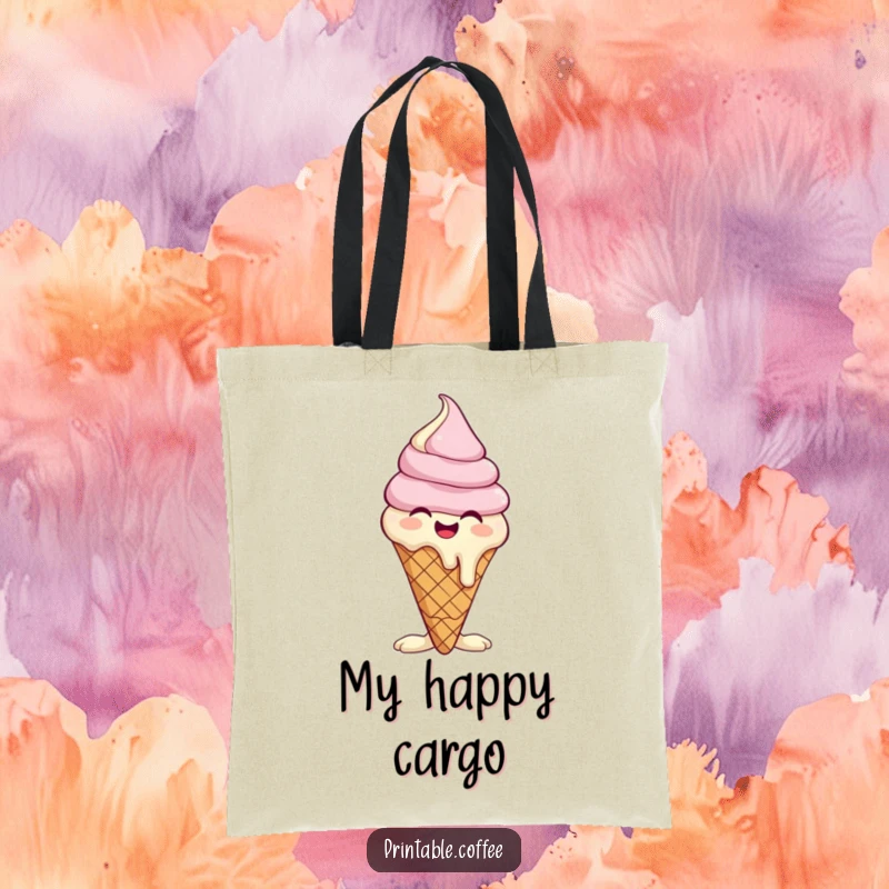 Funny tote bag featuring a giggling ice cream cone character melting slightly, perfect for carrying goodies with a smile.