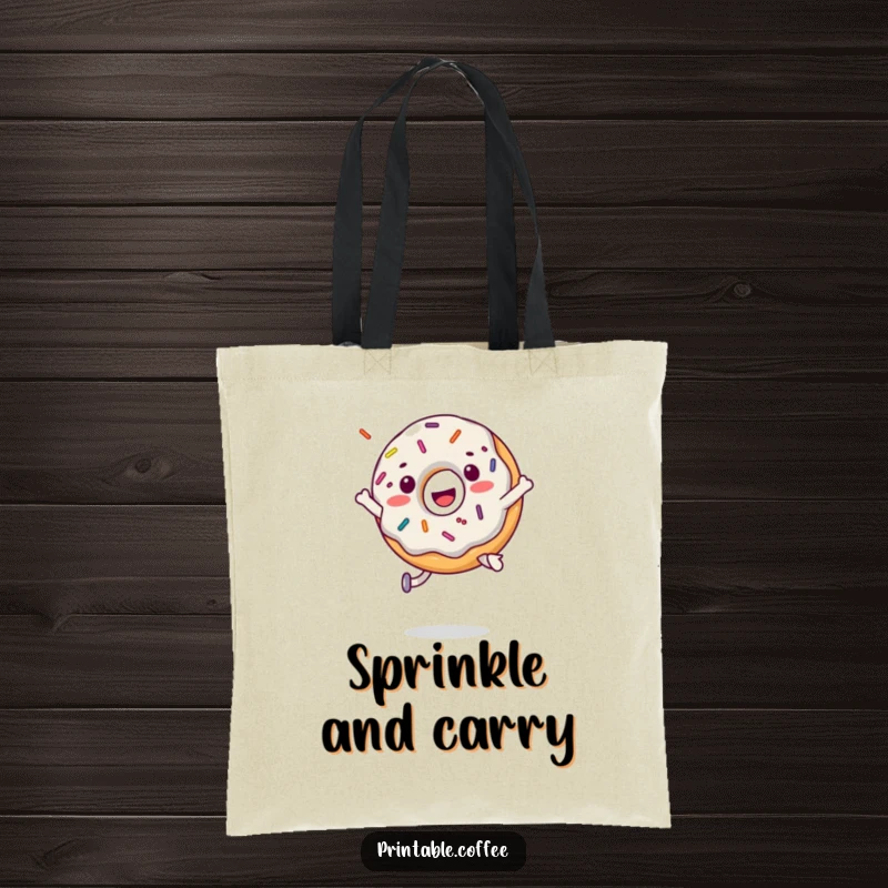 Funny donut character in a dynamic jump with sprinkles flying, printed on a durable tote bag.